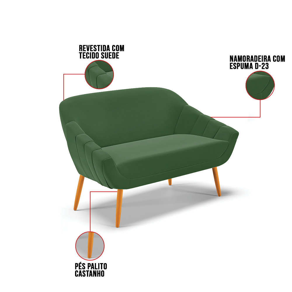 Kit 01 Namoradeira 02 Lugares e 02 Poltronas Giovana Suede Verde Pés Palito Castanho - D'Rossi