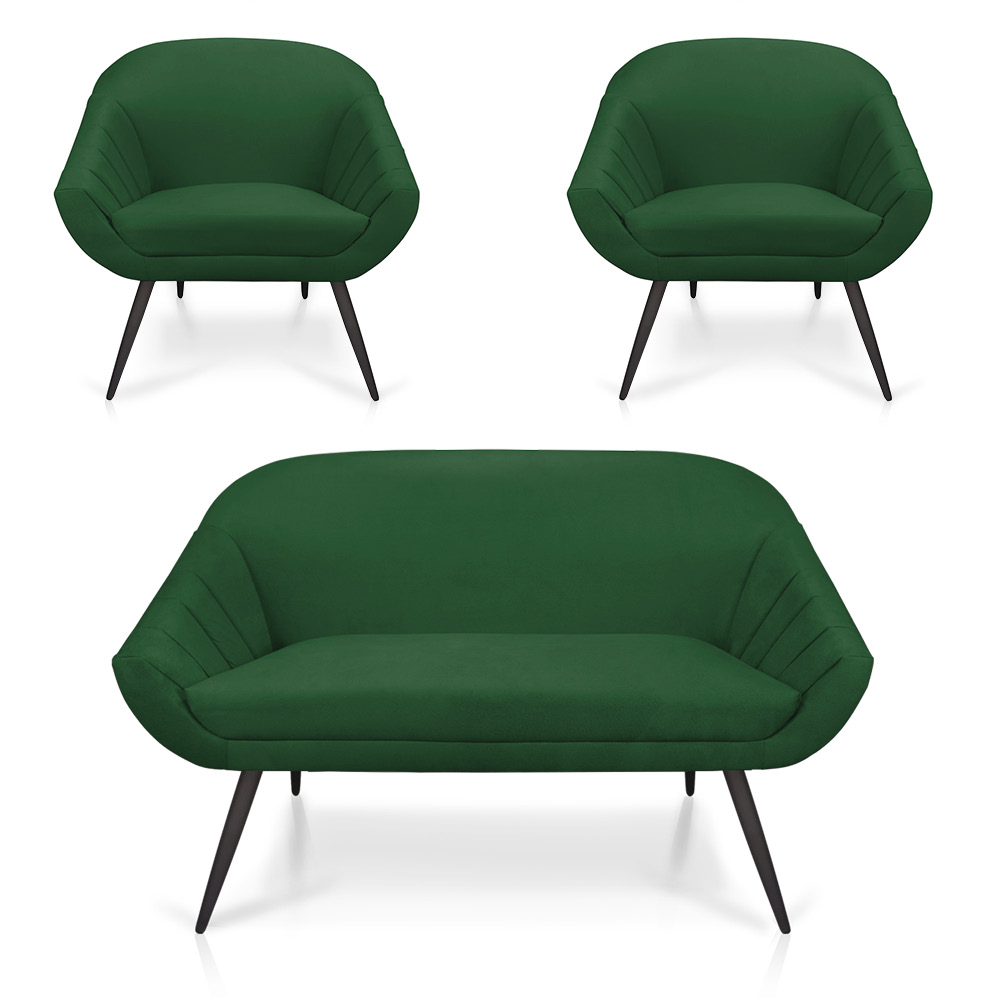 Kit 01 Namoradeira 02 Lugares e 02 Poltronas Giovana Suede Verde Pés Palito De Ferro - D'Rossi