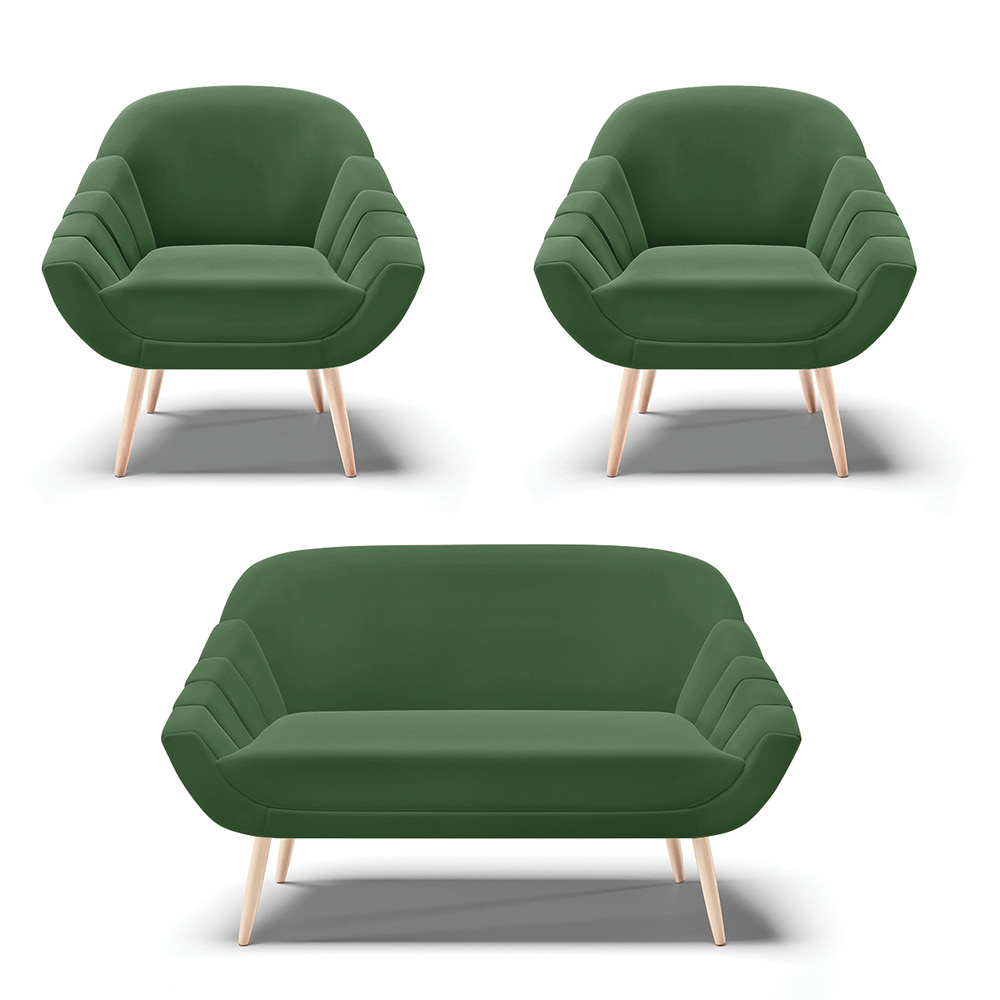 Kit 01 Namoradeira 02 Lugares e 02 Poltronas Giovana Suede Verde Pés Palito Natural - D'Rossi
