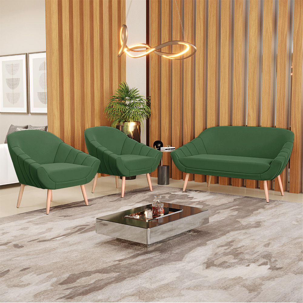 Kit 01 Namoradeira 02 Lugares e 02 Poltronas Giovana Suede Verde Pés Palito Natural - D'Rossi