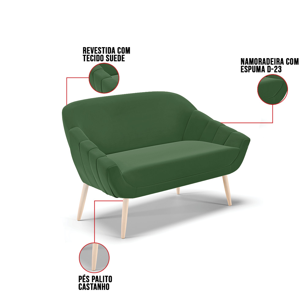 Kit 01 Namoradeira 02 Lugares e 02 Poltronas Giovana Suede Verde Pés Palito Natural - D'Rossi