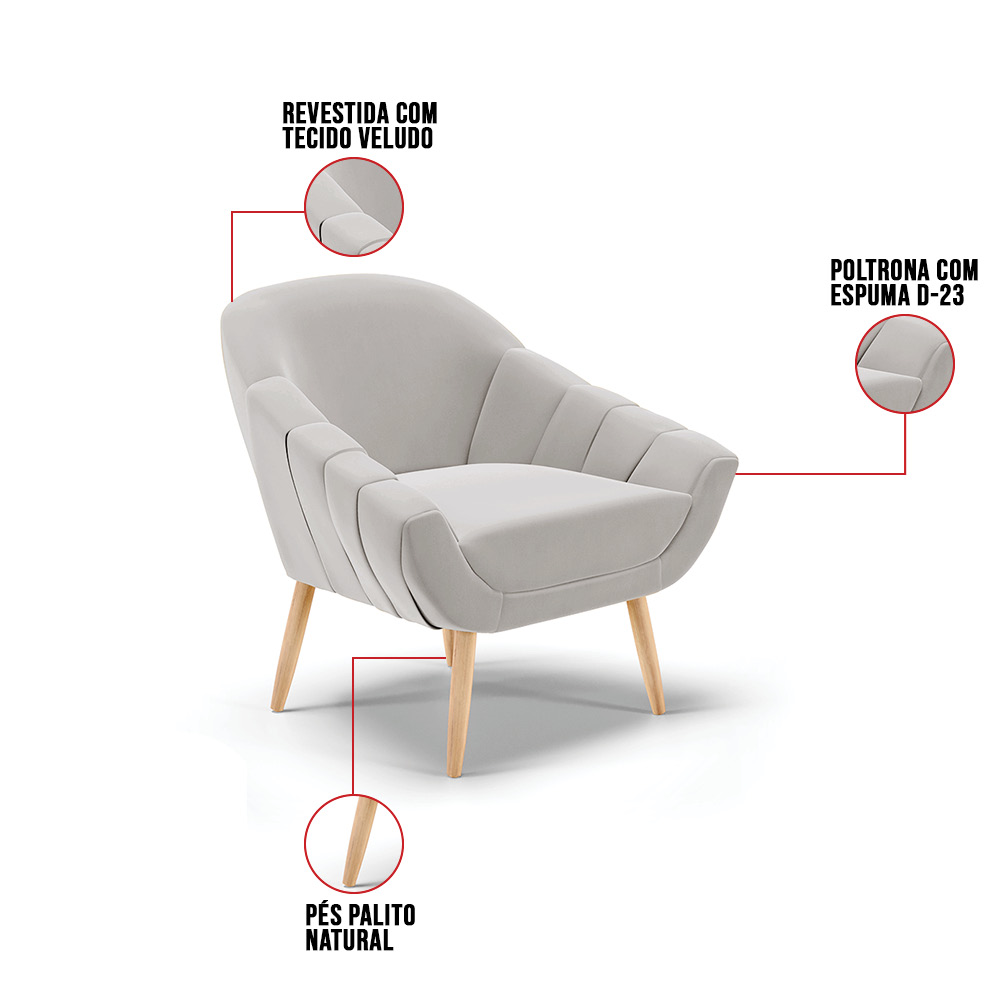Kit 01 Namoradeira 02 Lugares e 02 Poltronas Giovana Veludo Cinza Pés Palito Natural - D'Rossi