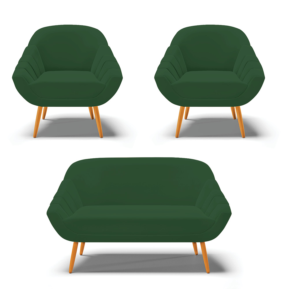 Kit 01 Namoradeira 02 Lugares e 02 Poltronas Giovana Veludo Verde Pés Palito Castanho - D'Rossi
