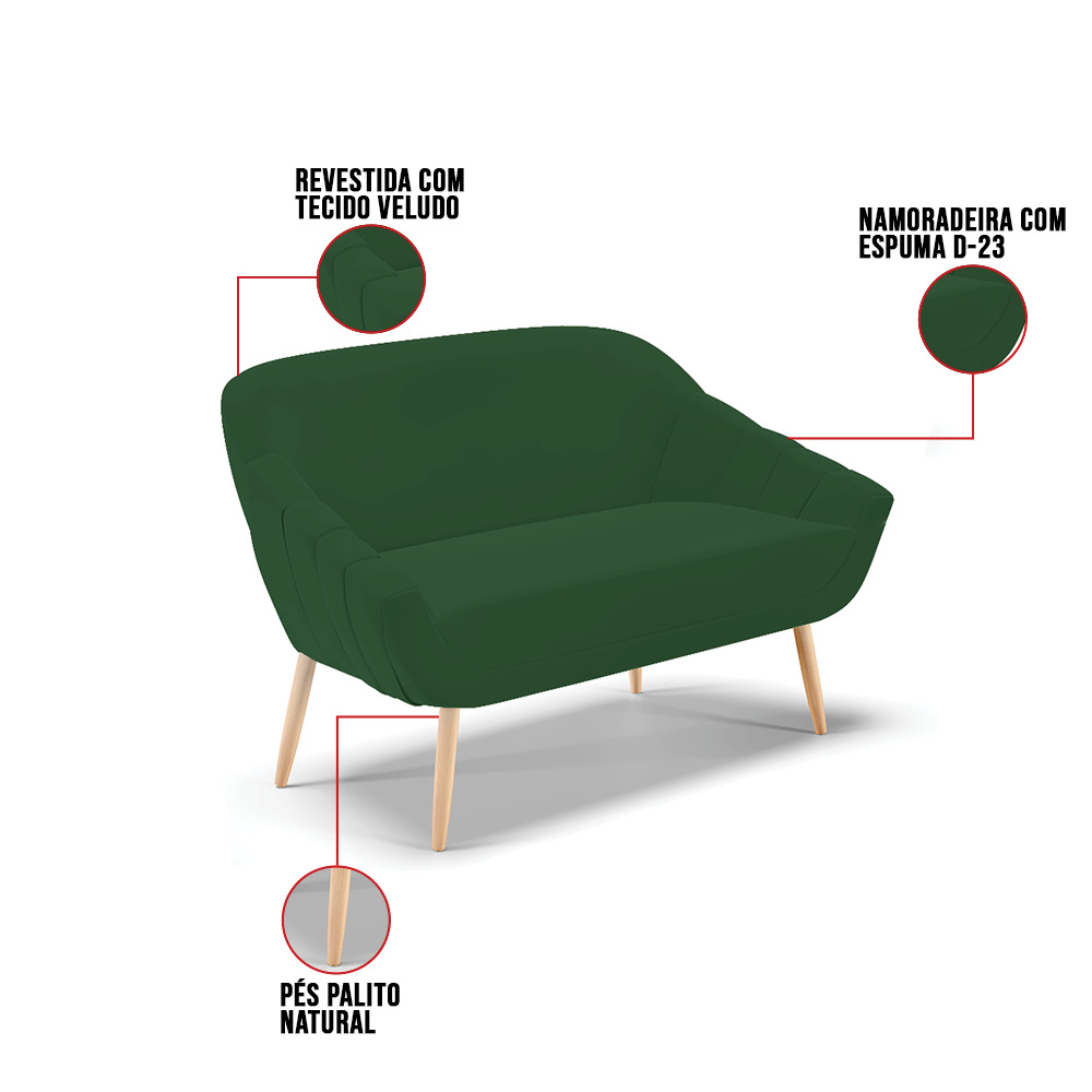 Kit 01 Namoradeira 02 Lugares e 02 Poltronas Giovana Veludo Verde Pés Palito Natural - D'Rossi
