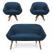 Kit 01 Namoradeira 02 Lugares e 02 Poltronas Giratória Giovana Suede Azul Marinho Base Madeira MM30 - D'Rossi