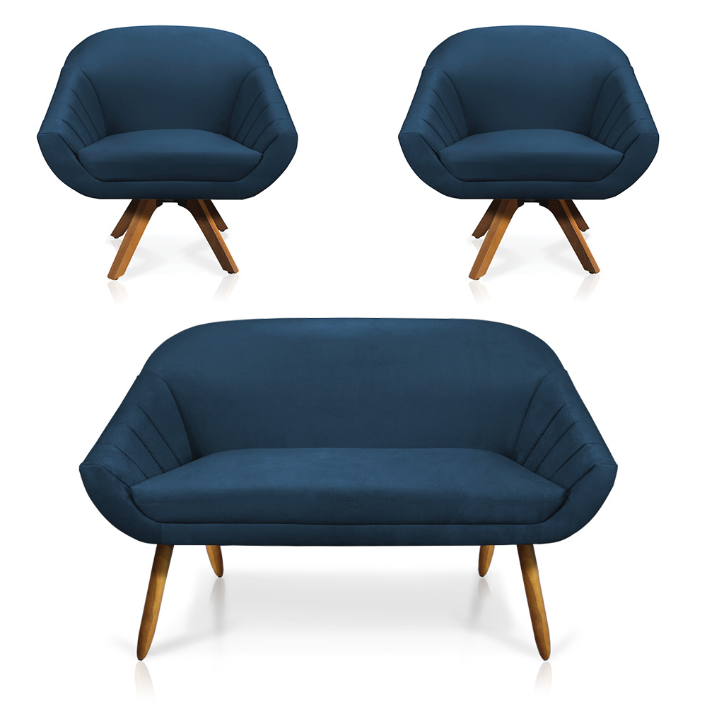 Kit 01 Namoradeira 02 Lugares e 02 Poltronas Giratória Giovana Suede Azul Marinho Base Madeira MM30 - D'Rossi