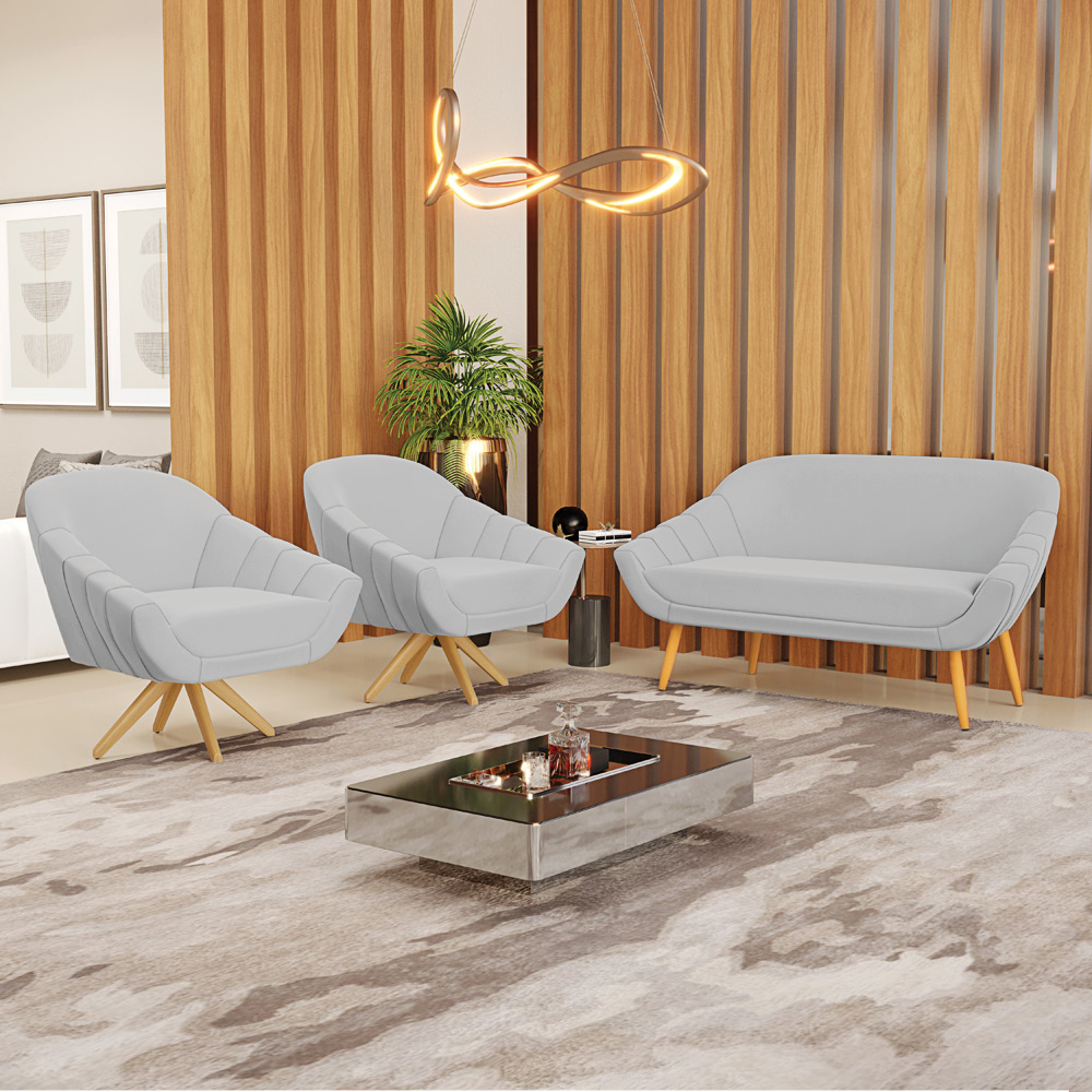 Kit 01 Namoradeira 02 Lugares e 02 Poltronas Giratória Giovana Suede Cinza Base Madeira MA30 - D'Rossi
