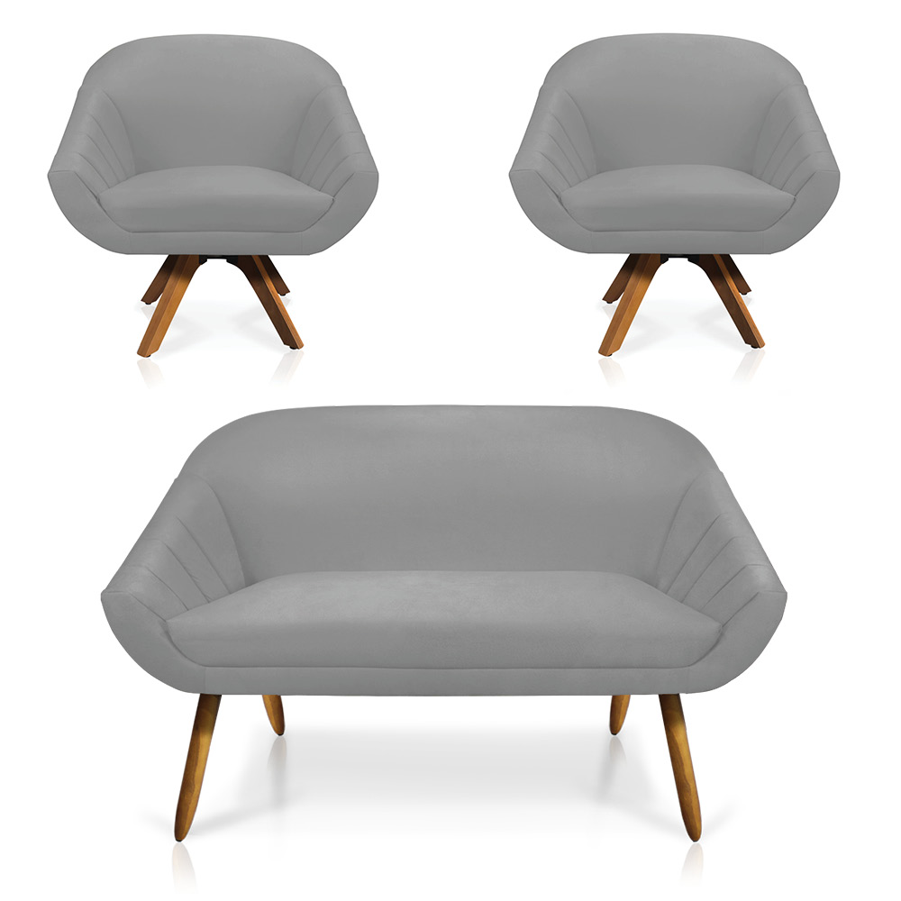 Kit 01 Namoradeira 02 Lugares e 02 Poltronas Giratória Giovana Suede Cinza Base Madeira MM30 - D'Rossi