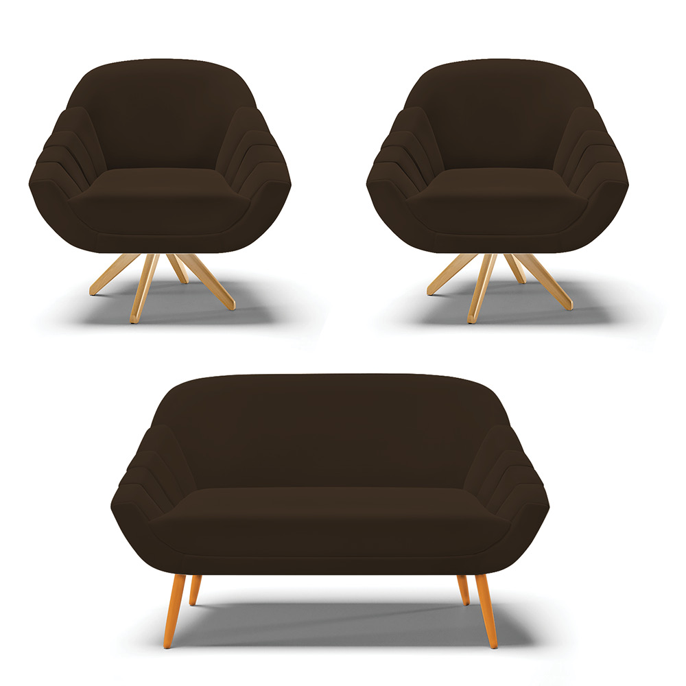 Kit 01 Namoradeira 02 Lugares e 02 Poltronas Giratória Giovana Suede Marrom Base Madeira MA30 - D'Rossi