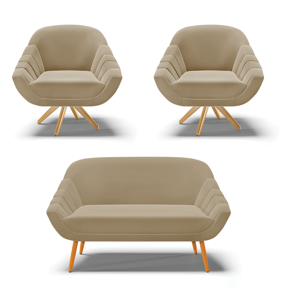 Kit 01 Namoradeira 02 Lugares e 02 Poltronas Giratória Giovana Suede Marrom Rato Base Madeira MA30 - D'Rossi