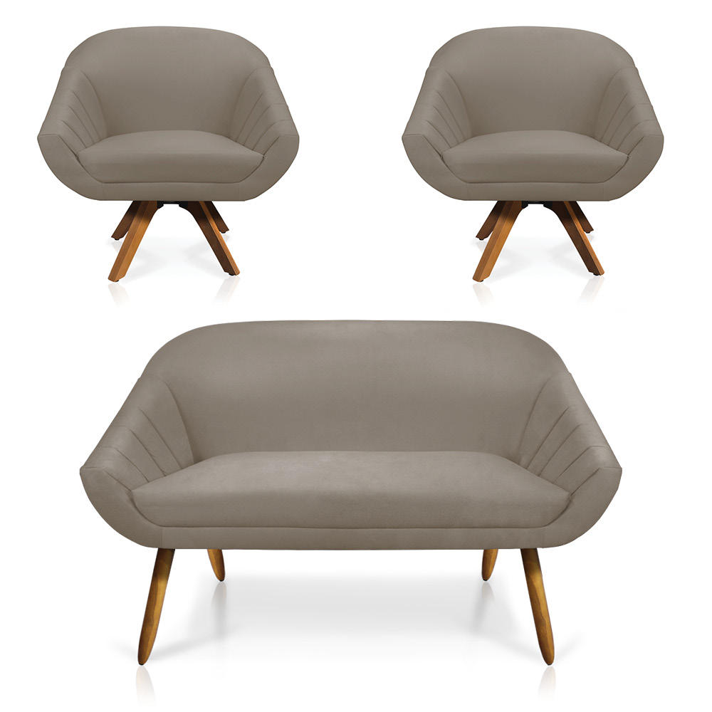Kit 01 Namoradeira 02 Lugares e 02 Poltronas Giratória Giovana Suede Marrom Rato Base Madeira MM30 - D'Rossi