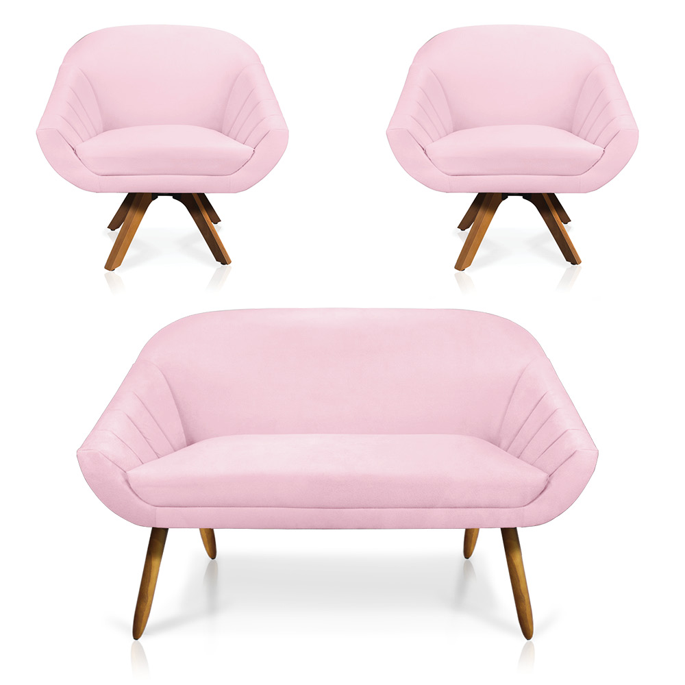 Kit 01 Namoradeira 02 Lugares e 02 Poltronas Giratória Giovana Suede Rosa Bebê Base Madeira MM30 - D'Rossi