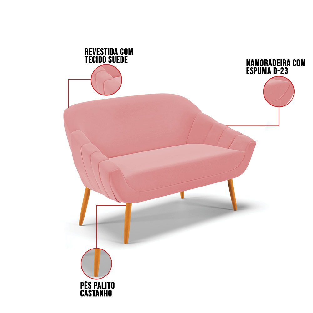 Kit 01 Namoradeira 02 Lugares e 02 Poltronas Giratória Giovana Suede Rose Base Madeira MA30 - D'Rossi