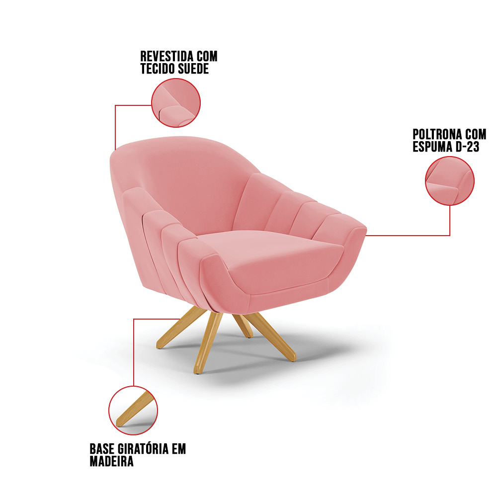 Kit 01 Namoradeira 02 Lugares e 02 Poltronas Giratória Giovana Suede Rose Base Madeira MA30 - D'Rossi