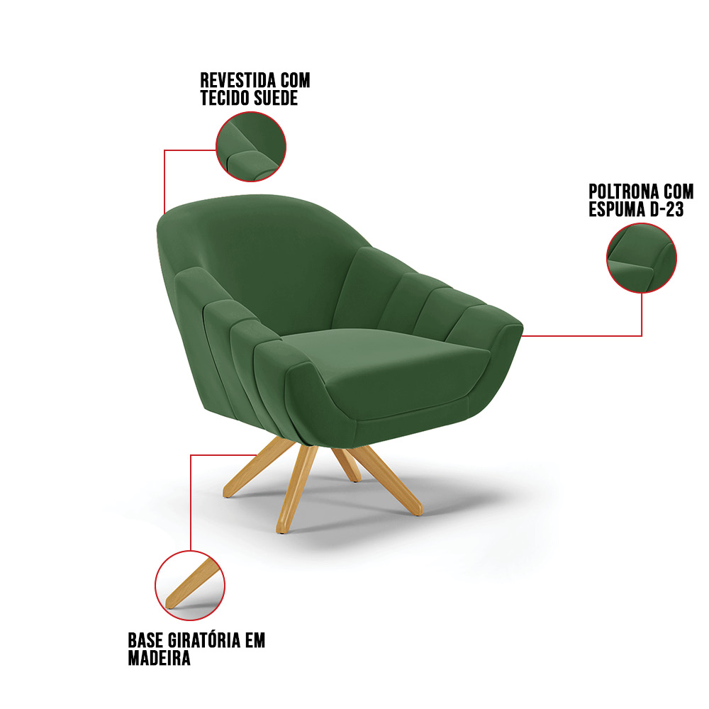 Kit 01 Namoradeira 02 Lugares e 02 Poltronas Giratória Giovana Suede Verde Base Madeira MA30 - D'Rossi