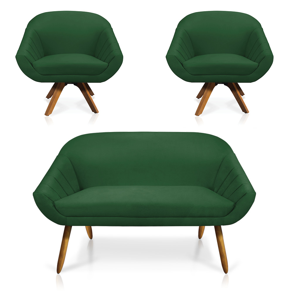Kit 01 Namoradeira 02 Lugares e 02 Poltronas Giratória Giovana Suede Verde Base Madeira MM30 - D'Rossi
