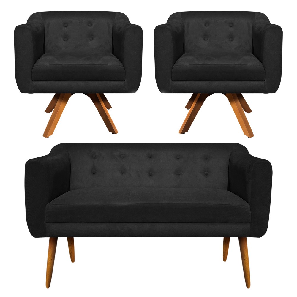 Kit 01 Namoradeira 02 Lugares e 02 Poltronas Giratória Julia Suede Preto Base Madeira MM30 D'Rossi