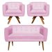 Kit 01 Namoradeira 02 Lugares e 02 Poltronas Giratória Julia Suede Rosa Bebê com Strass Base Madeira MM30 D'Rossi