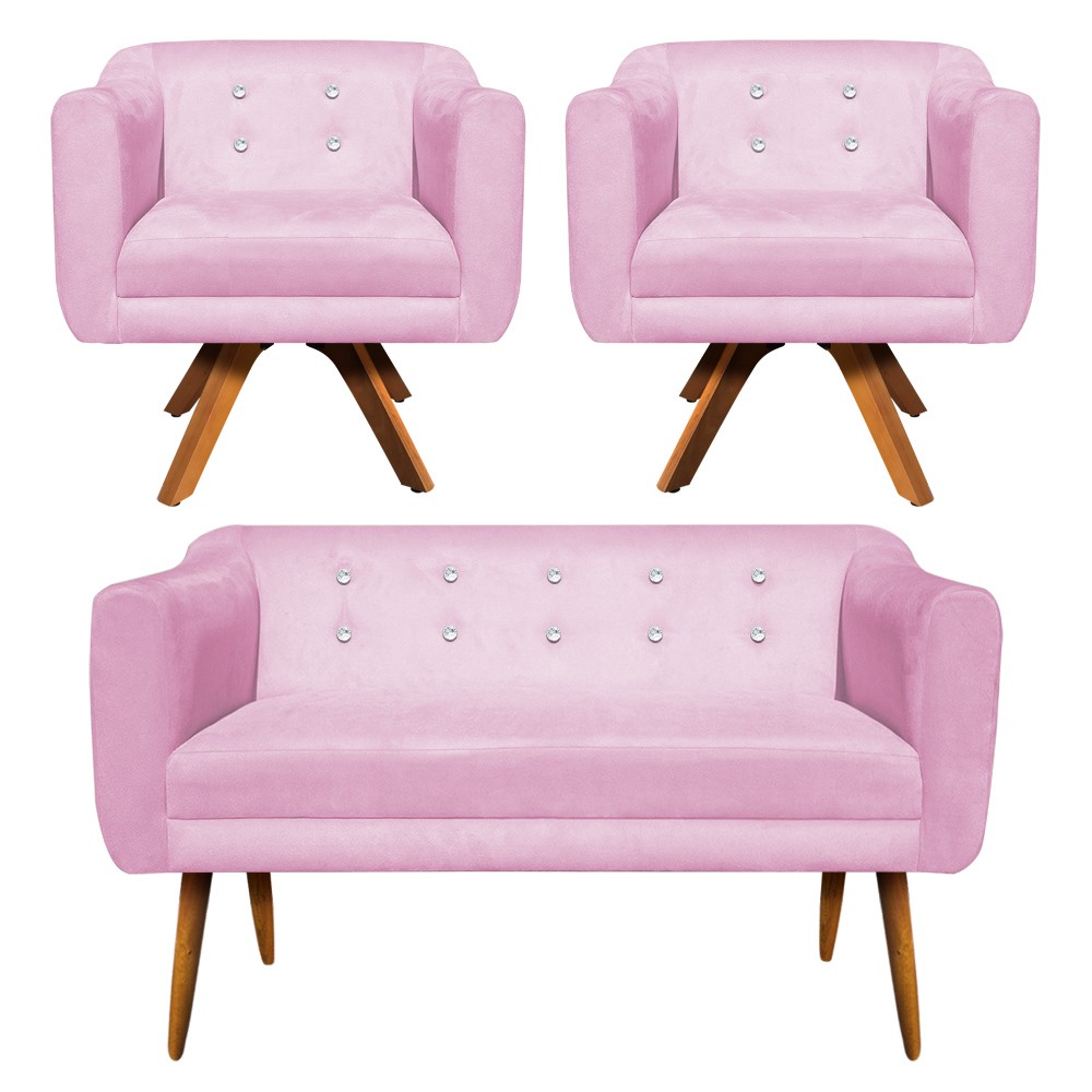Kit 01 Namoradeira 02 Lugares e 02 Poltronas Giratória Julia Suede Rosa Bebê com Strass Base Madeira MM30 D'Rossi