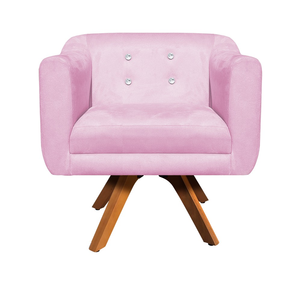 Kit 01 Namoradeira 02 Lugares e 02 Poltronas Giratória Julia Suede Rosa Bebê com Strass Base Madeira MM30 D'Rossi