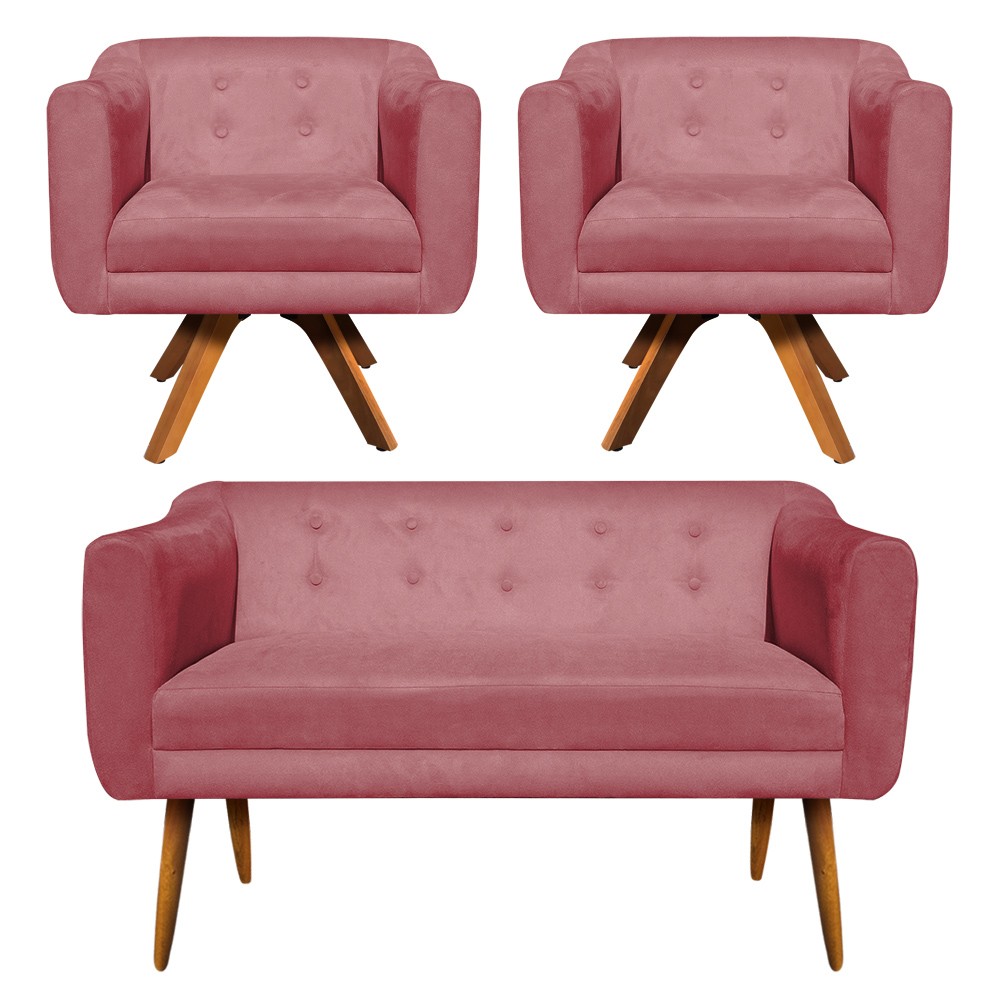 Kit 01 Namoradeira 02 Lugares e 02 Poltronas Giratória Julia Suede Rose Base Madeira MM30 D'Rossi