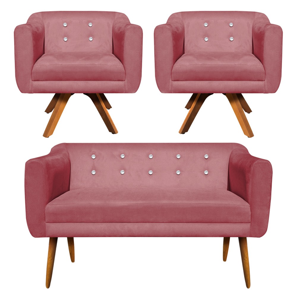 Kit 01 Namoradeira 02 Lugares e 02 Poltronas Giratória Julia Suede Rose com Strass Base Madeira MM30 D'Rossi
