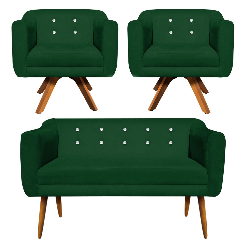 Kit 01 Namoradeira 02 Lugares e 02 Poltronas Giratória Julia Suede Verde com Strass Base Madeira MM30 D'Rossi