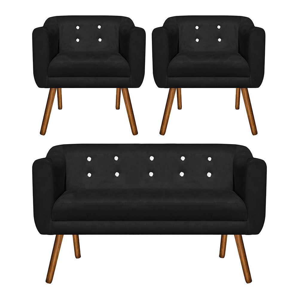 Kit 01 Namoradeira 02 Lugares e 02 Poltronas Julia Suede Preto com Strass Pés Palito Castanho D'Rossi