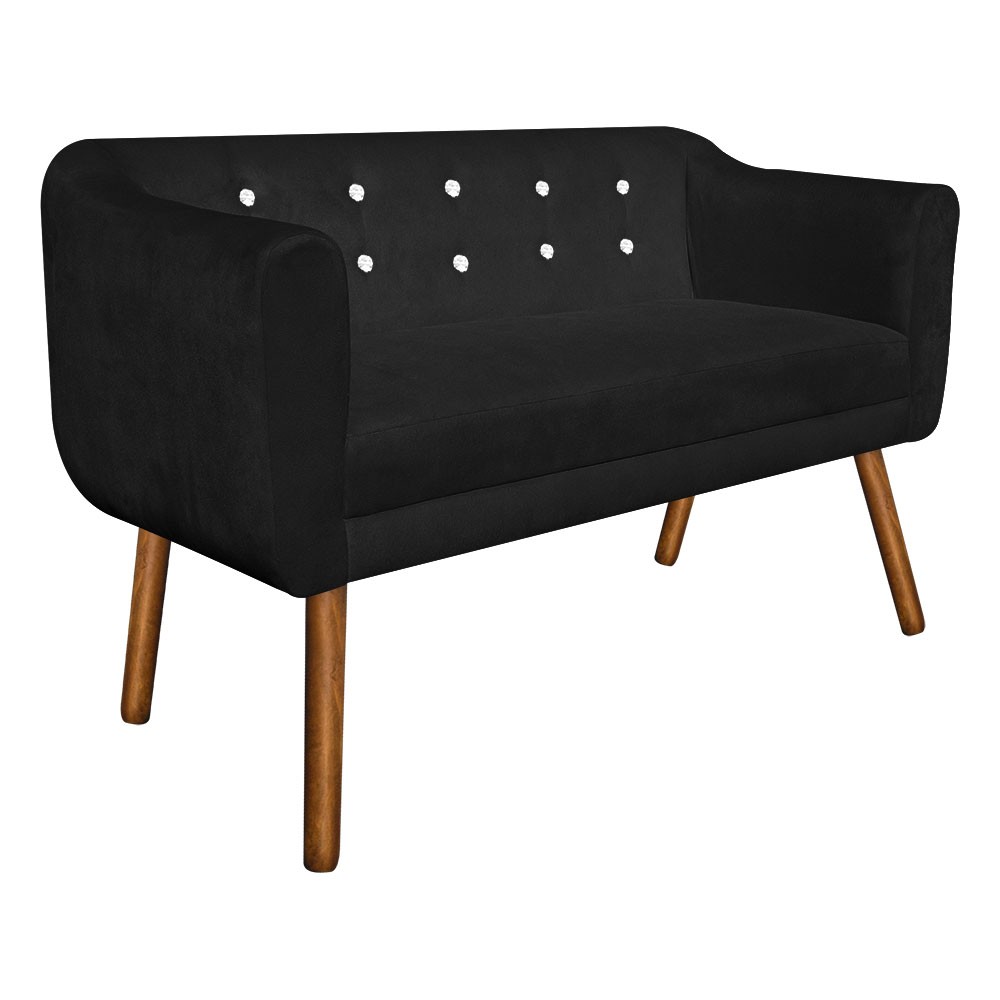 Kit 01 Namoradeira 02 Lugares e 02 Poltronas Julia Suede Preto com Strass Pés Palito Castanho D'Rossi