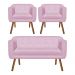 Kit 01 Namoradeira 02 Lugares e 02 Poltronas Julia Suede Rosa Bebê Pés Palito Castanho D'Rossi