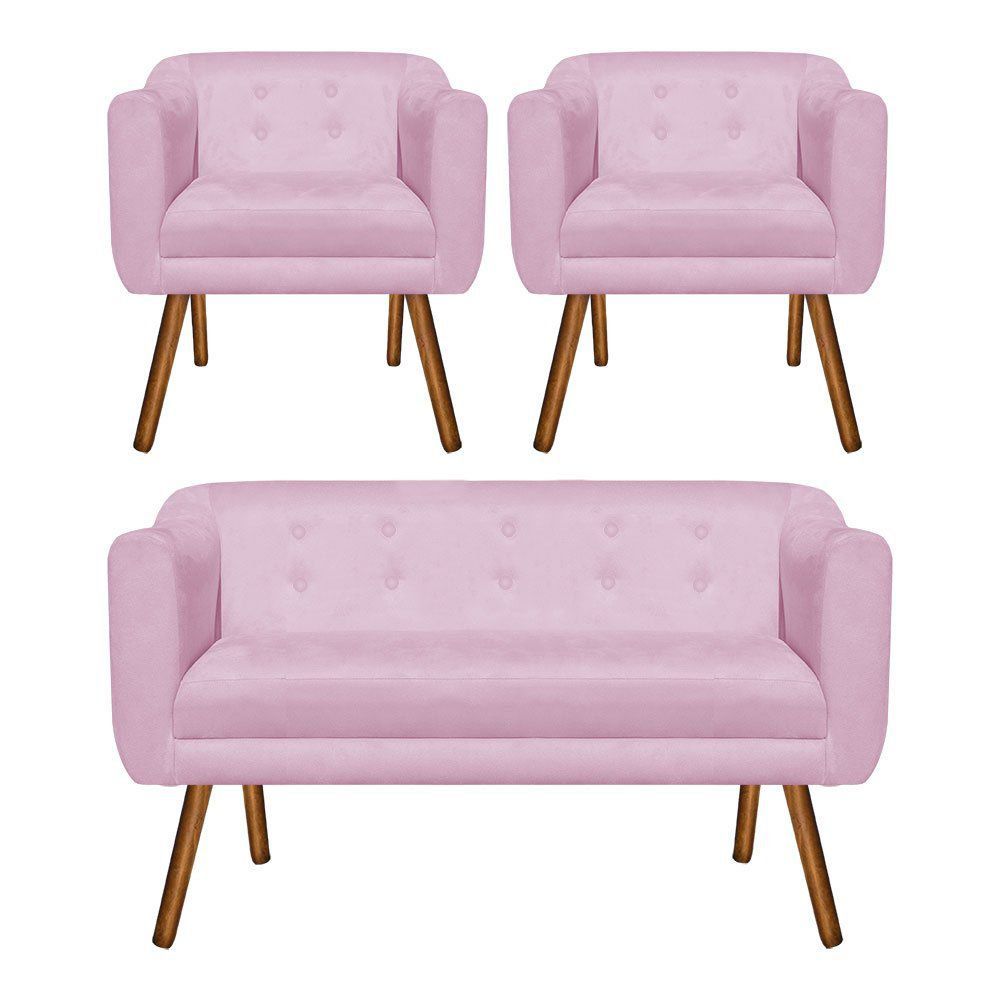 Kit 01 Namoradeira 02 Lugares e 02 Poltronas Julia Suede Rosa Bebê Pés Palito Castanho D'Rossi