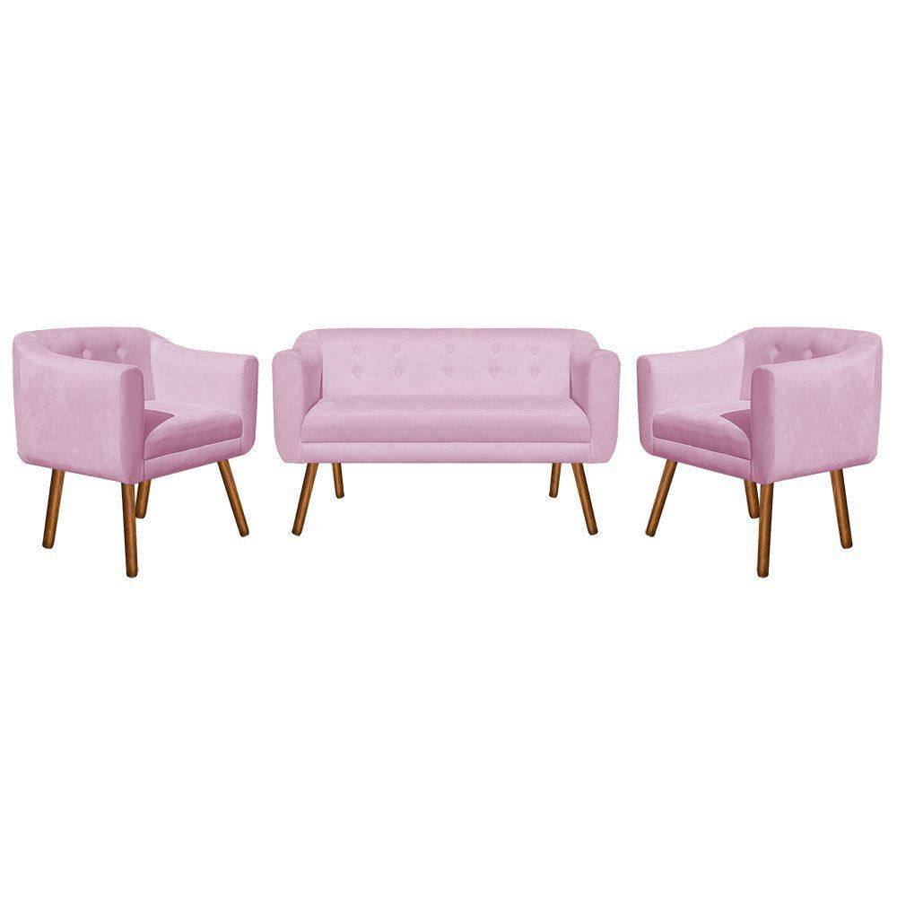 Kit 01 Namoradeira 02 Lugares e 02 Poltronas Julia Suede Rosa Bebê Pés Palito Castanho D'Rossi