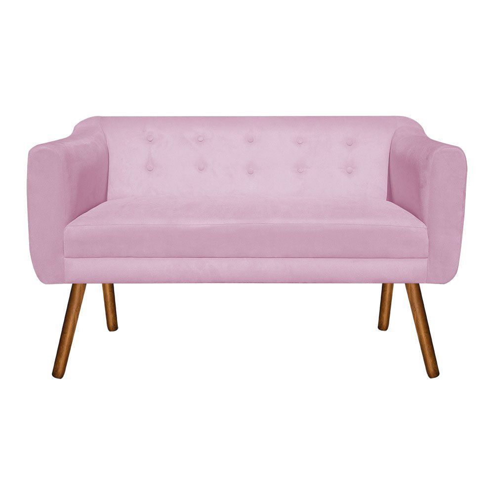 Kit 01 Namoradeira 02 Lugares e 02 Poltronas Julia Suede Rosa Bebê Pés Palito Castanho D'Rossi