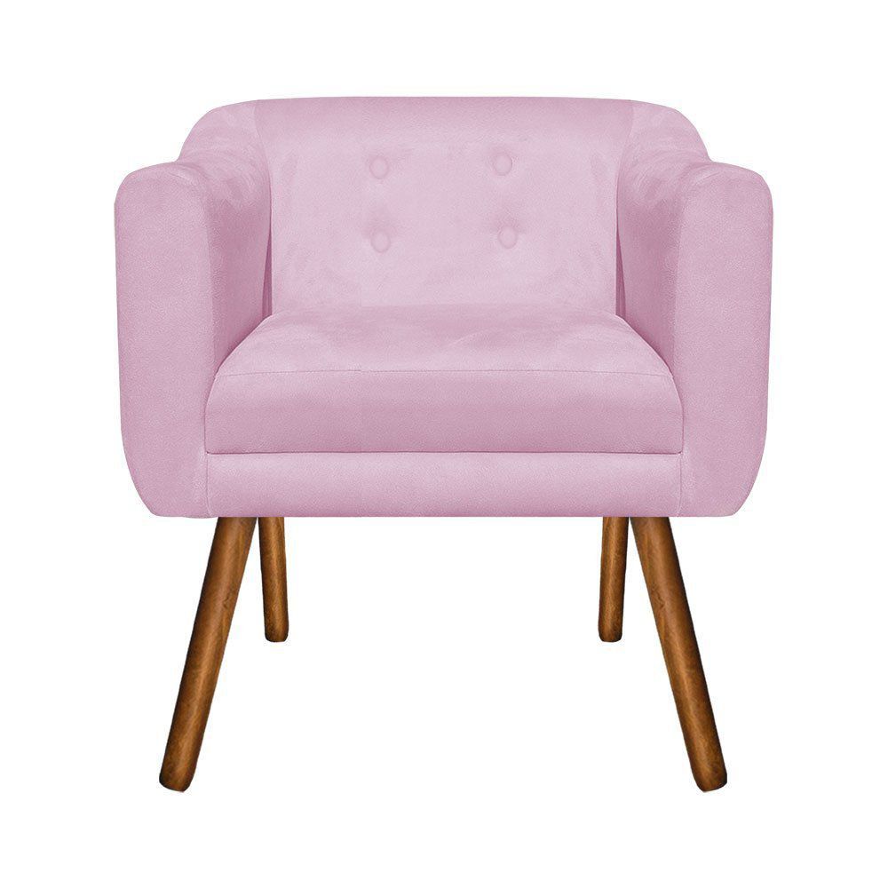 Kit 01 Namoradeira 02 Lugares e 02 Poltronas Julia Suede Rosa Bebê Pés Palito Castanho D'Rossi