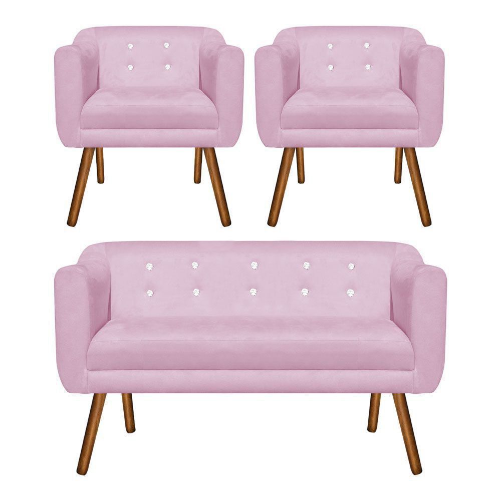 Kit 01 Namoradeira 02 Lugares e 02 Poltronas Julia Suede Rosa Bebê com Strass Pés Palito Castanho D'Rossi