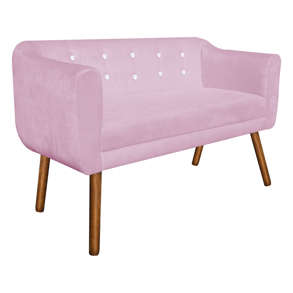 Kit 01 Namoradeira 02 Lugares e 02 Poltronas Julia Suede Rosa Bebê com Strass Pés Palito Castanho D'Rossi