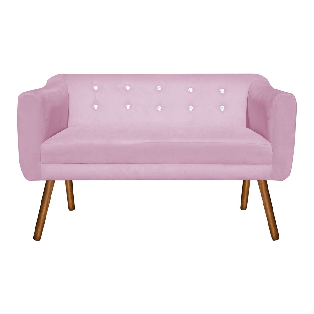 Kit 01 Namoradeira 02 Lugares e 02 Poltronas Julia Suede Rosa Bebê com Strass Pés Palito Castanho D'Rossi