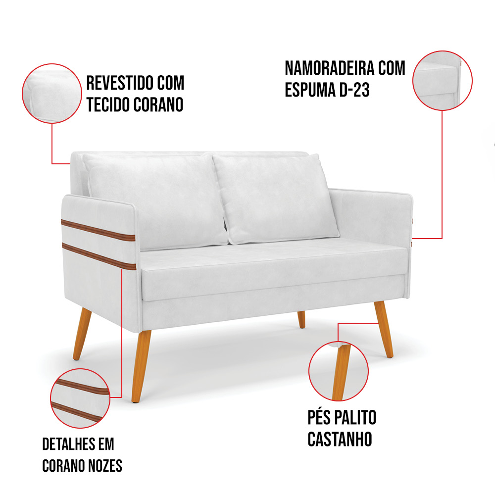 Kit 01 Namoradeira 02 Lugares e 02 Poltronas Mari Corano Branco Base de Madeira MA30 - D'Rossi
