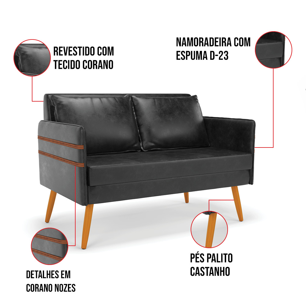 Kit 01 Namoradeira 02 Lugares e 02 Poltronas Mari Corano Preto Base de Madeira MA30 - D'Rossi