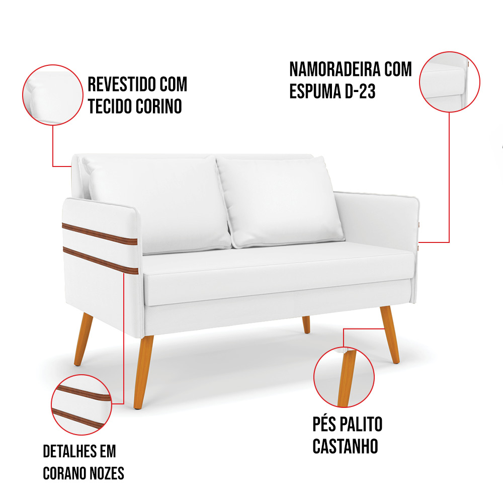 Kit 01 Namoradeira 02 Lugares e 02 Poltronas Mari Corino Branco Base de Madeira MA30 - D'Rossi