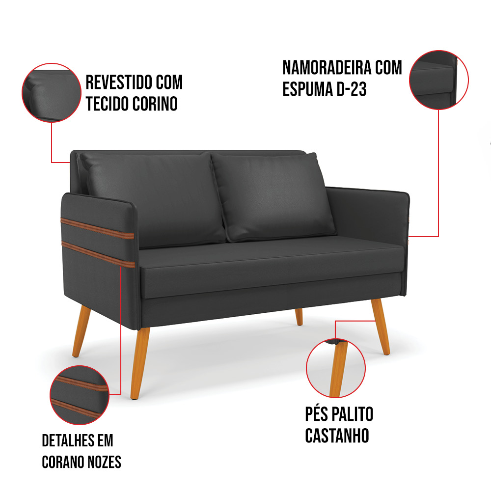 Kit 01 Namoradeira 02 Lugares e 02 Poltronas Mari Corino Preto Base de Madeira MA30 - D'Rossi