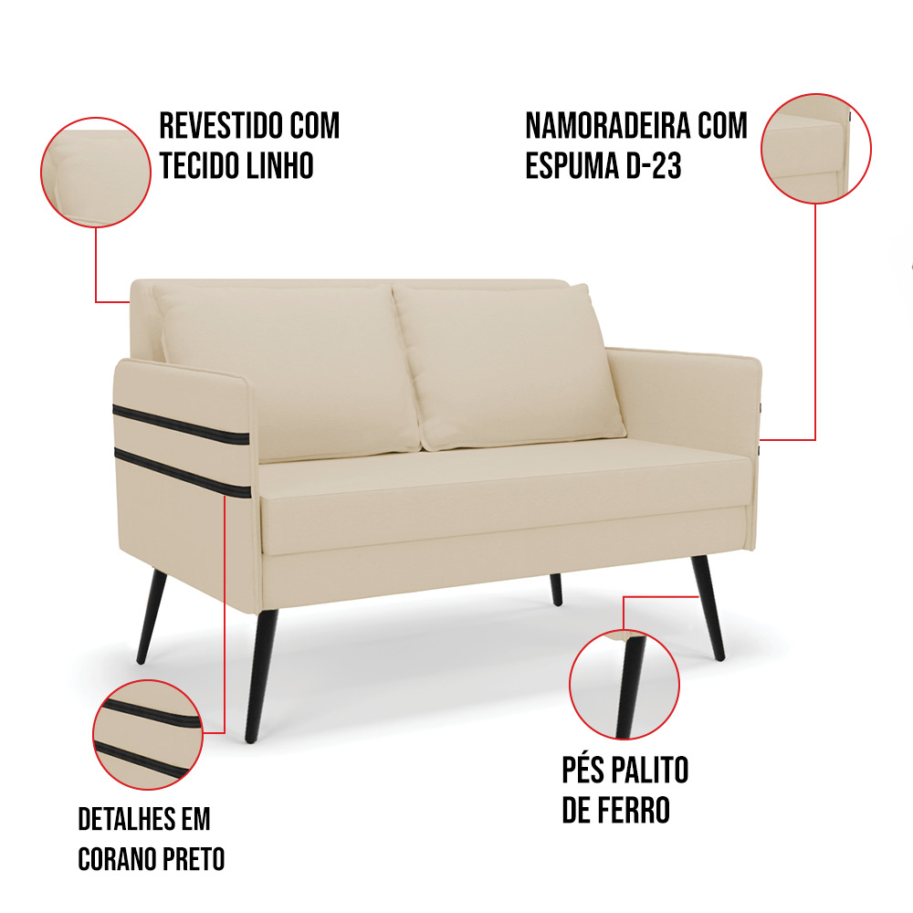 Kit 01 Namoradeira 02 Lugares e 02 Poltronas Mari Linho Bege A19 Pés Palito de Ferro - D'Rossi