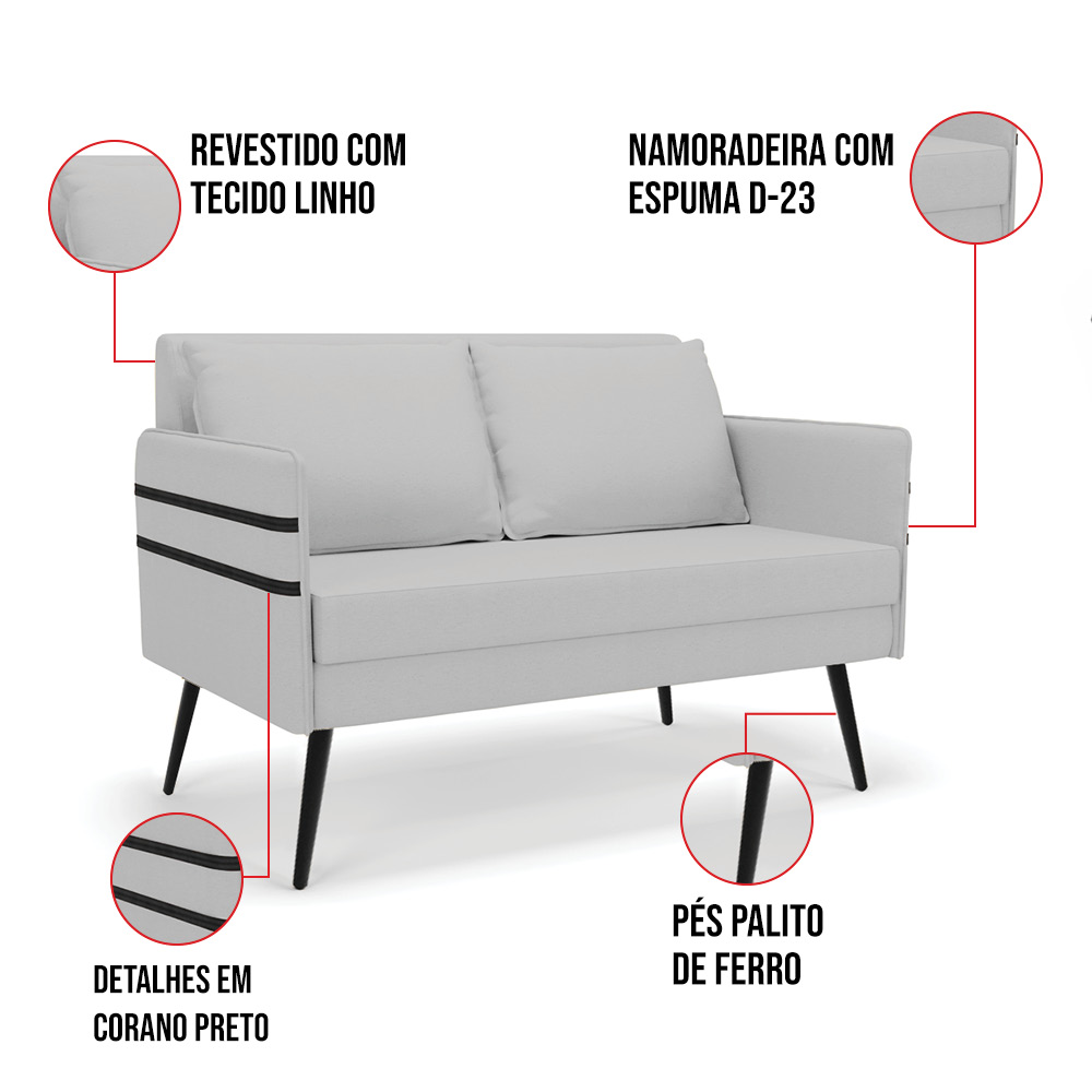 Kit 01 Namoradeira 02 Lugares e 02 Poltronas Mari Linho Cinza A05 Pés Palito de Ferro - D'Rossi