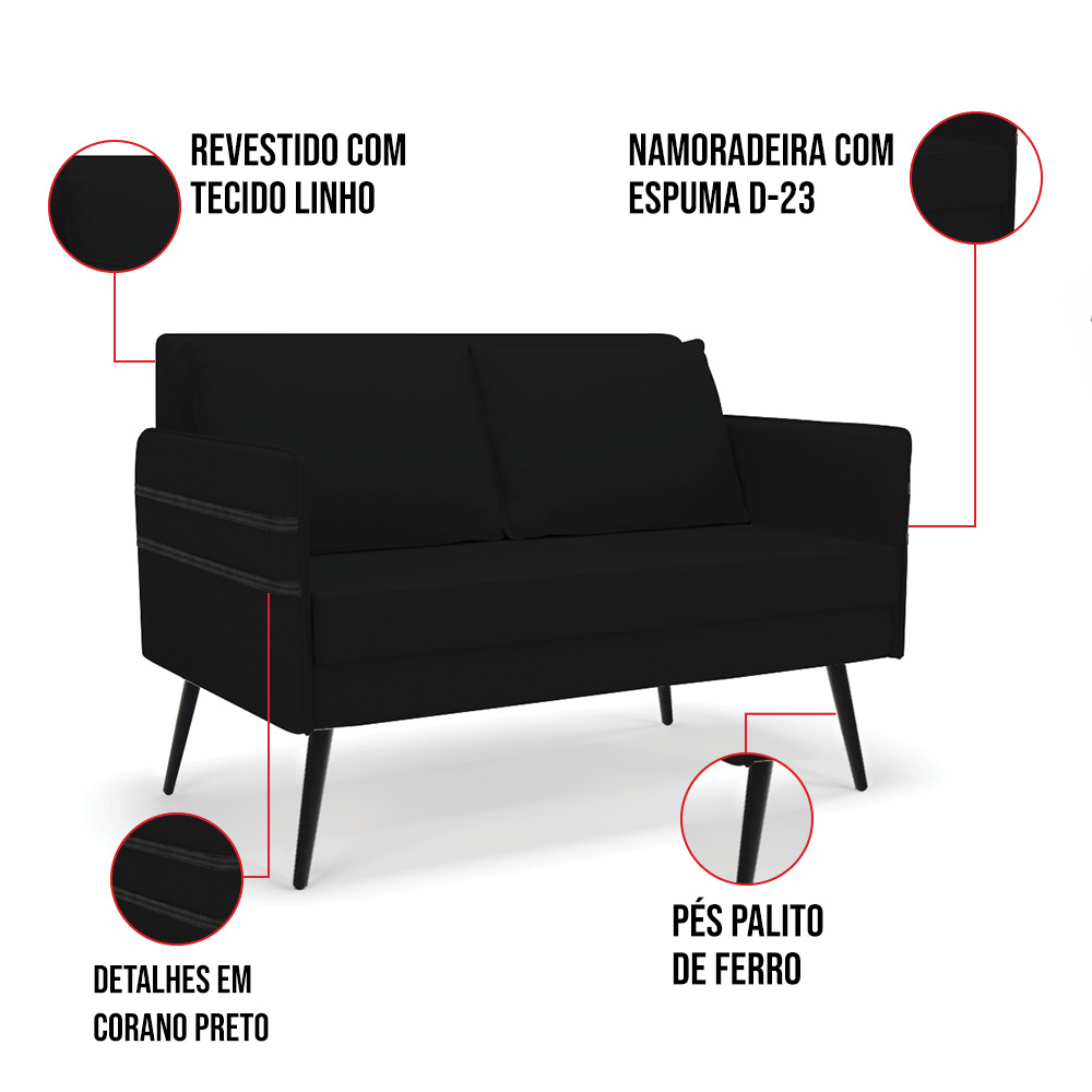 Kit 01 Namoradeira 02 Lugares e 02 Poltronas Mari Linho Preto A79 Pés Palito de Ferro - D'Rossi