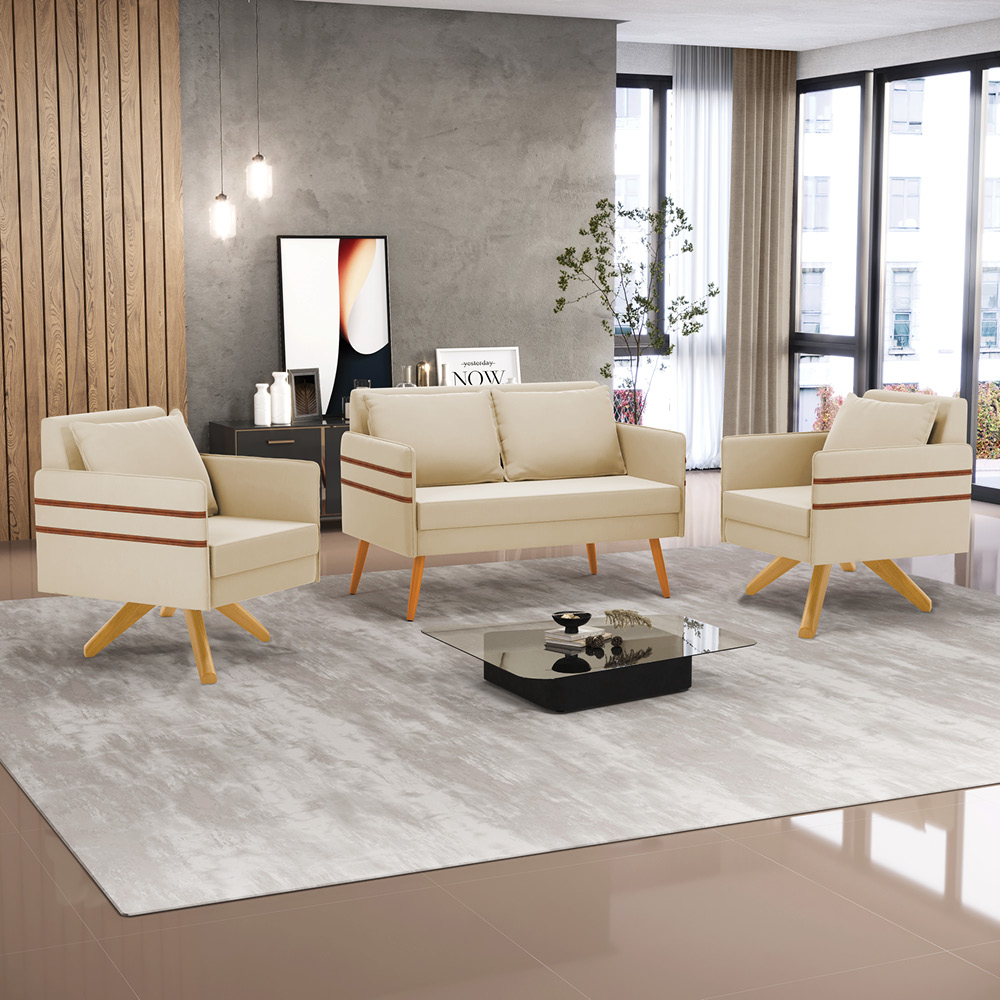 Kit 01 Namoradeira 02 Lugares e 02 Poltronas Mari Suede Bege Base de Madeira MA30 - D'Rossi
