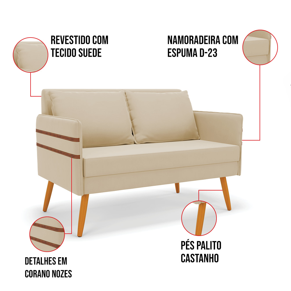 Kit 01 Namoradeira 02 Lugares e 02 Poltronas Mari Suede Bege Base de Madeira MA30 - D'Rossi