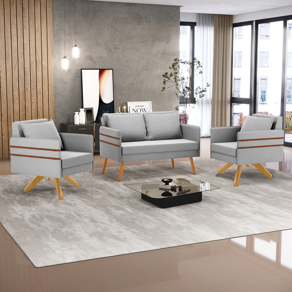 Kit 01 Namoradeira 02 Lugares e 02 Poltronas Mari Suede Cinza Base de Madeira MA30 - D'Rossi