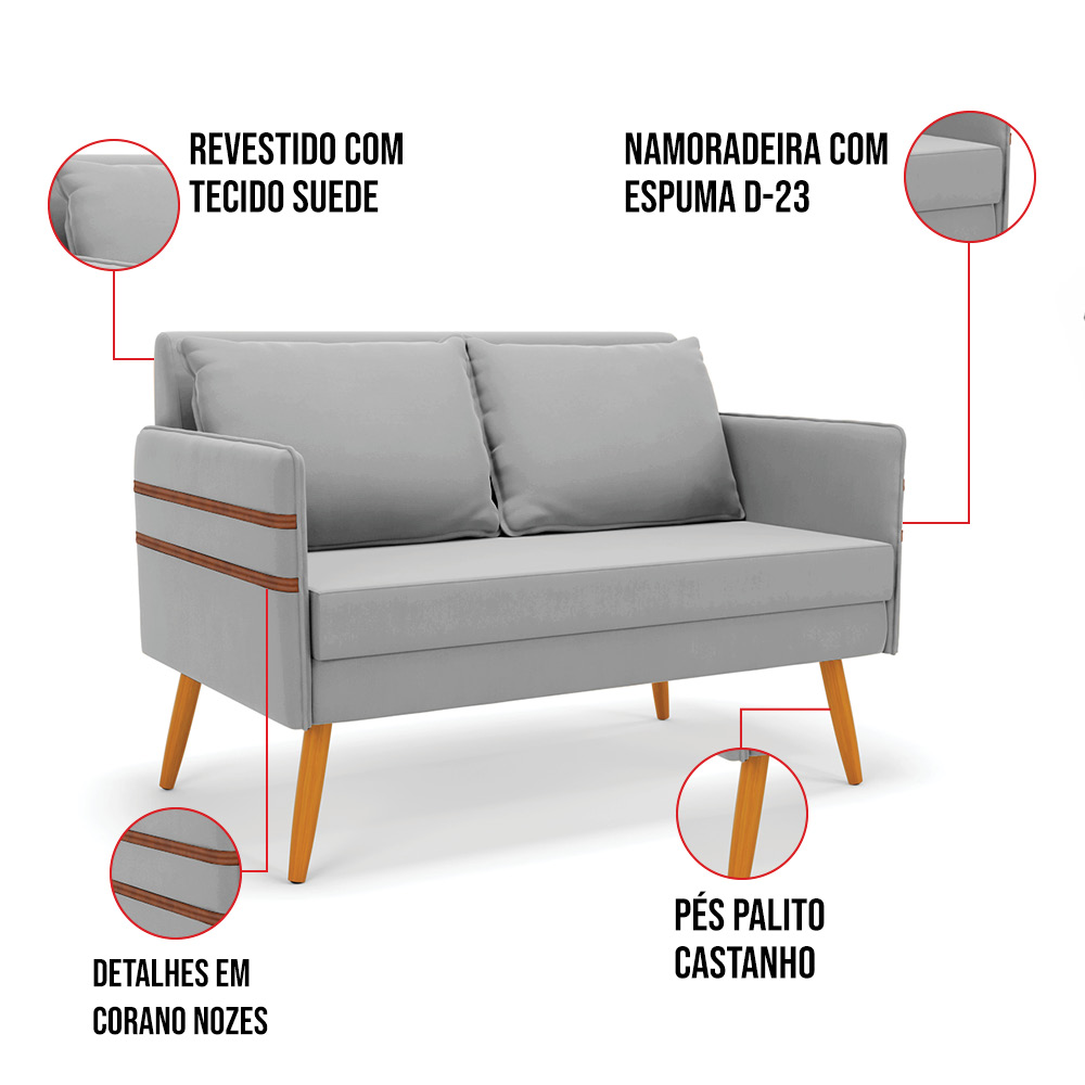 Kit 01 Namoradeira 02 Lugares e 02 Poltronas Mari Suede Cinza Base de Madeira MA30 - D'Rossi