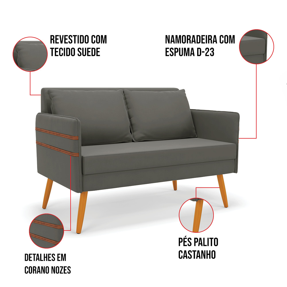 Kit 01 Namoradeira 02 Lugares e 02 Poltronas Mari Suede Grafite Base de Madeira MA30 - D'Rossi