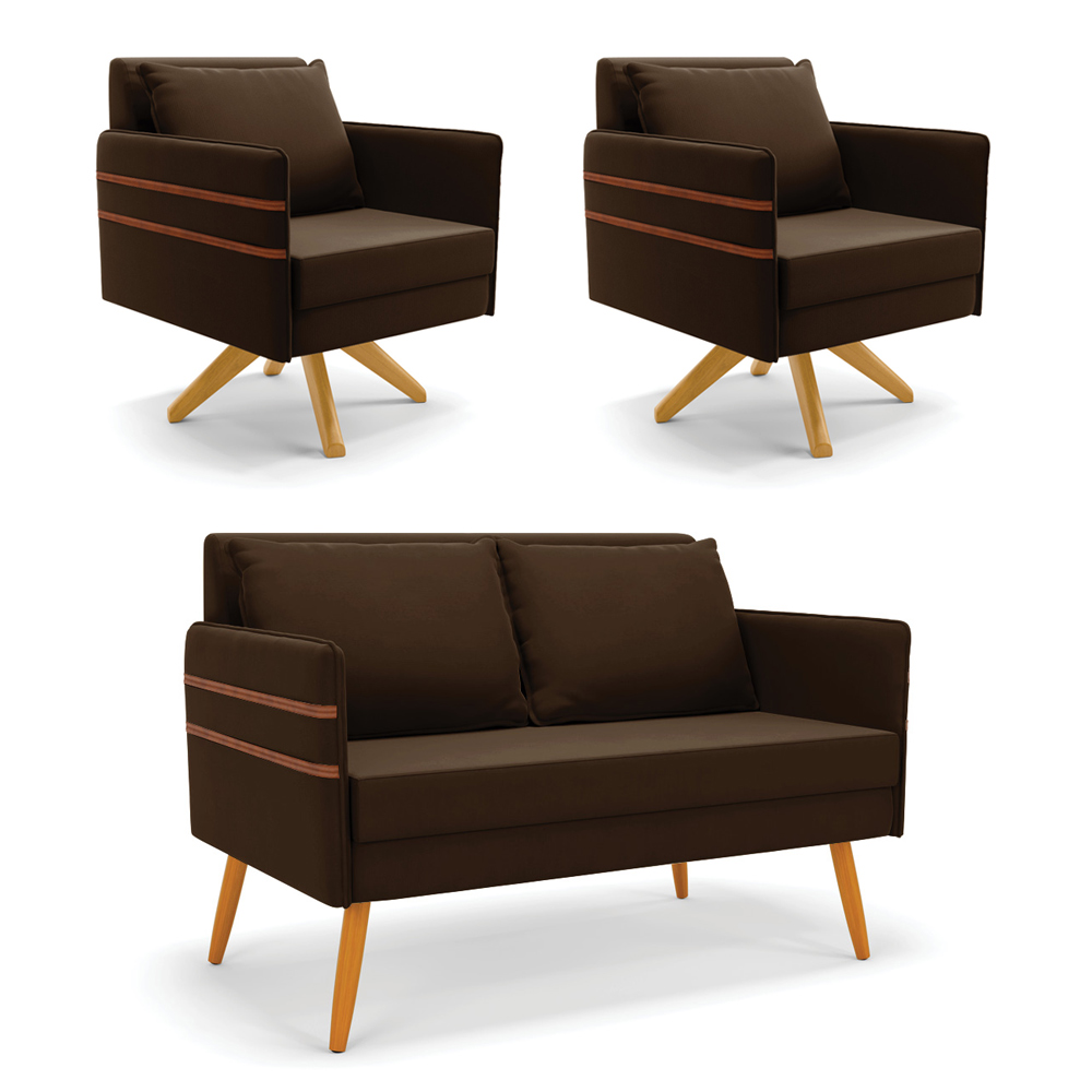 Kit 01 Namoradeira 02 Lugares e 02 Poltronas Mari Suede Marrom Base de Madeira MA30 - D'Rossi